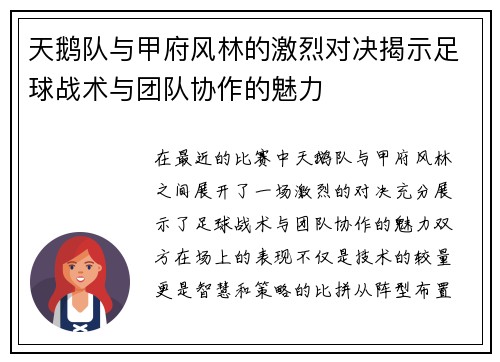 天鹅队与甲府风林的激烈对决揭示足球战术与团队协作的魅力