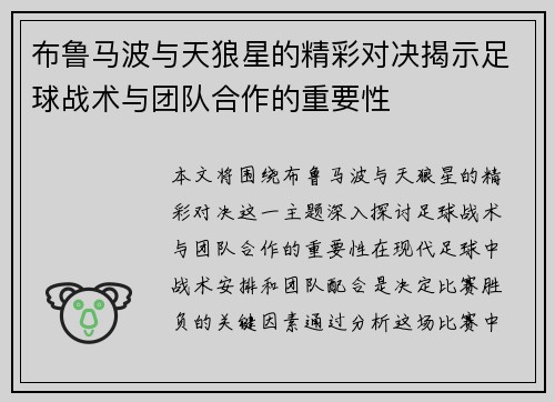 布鲁马波与天狼星的精彩对决揭示足球战术与团队合作的重要性